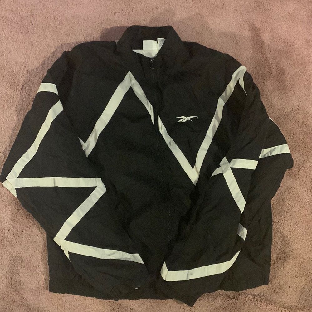 Reebok Black Windbreaker Jacket with White Chevron Stripes